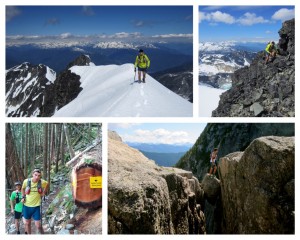 Clockwise, top-left: High on the NW Ridge of Weart (Nick E Photo). More scrambling on Wedge Mt. (Nick E Photo). One of the first hot days of the summer on Sigurd Peak (Gary R Photo). Jumping the chockstone on the Shannon Crk Traverse (Nick E Photo).