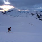 Skiing down the Naden Glacier before dawn.